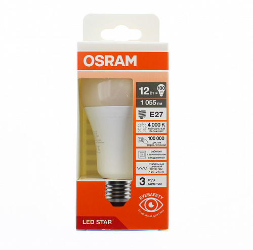 Лампа "груша" светодиодная OSRAM LED Star 12Вт, 1055лм, 4000К, E27 (замена 100Вт)
