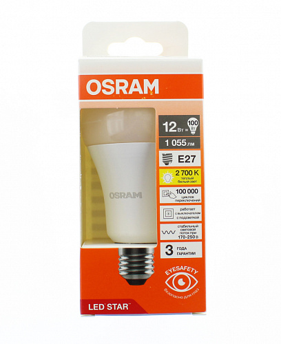 Лампа "груша" светодиодная OSRAM LED Star 12Вт, 1055лм, 2700К, E27 (замена 100Вт