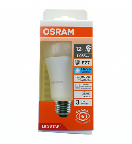 Лампа "груша" светодиодная OSRAM LED Star 12Вт, 1055лм, 6500К, E27 (замена 100Вт)
