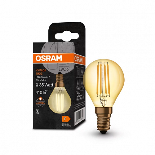 Лампа филаментная светодиодная "шар" OSRAM 1906 CP35 4W 410lm 2400К E14 золотистая